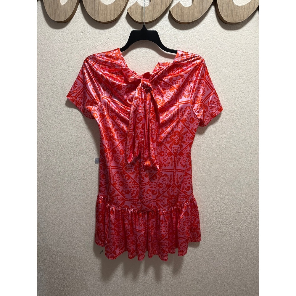 KARLIE Pink Red Floral Print Short Sleeve Ruffle Hem Dress Women's M